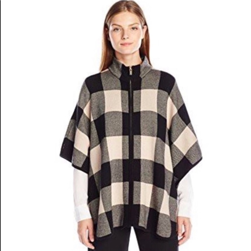 Tan Navy Plaid Zip Poncho Sweater